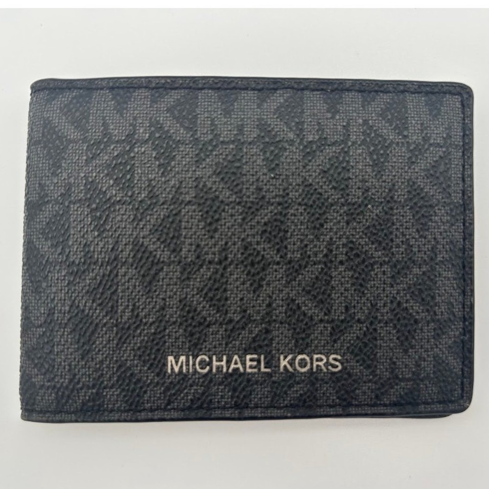 Michael Kors Mens Bifold Wallet Black Grey Signature MK Logo Print Slim